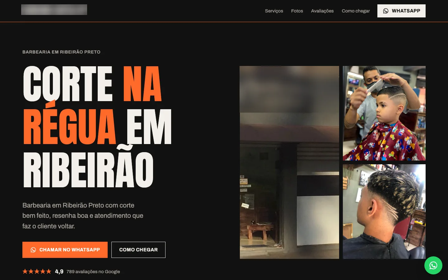 Site gerado pelo LEADOS para uma barbearia de Ribeirão Preto: título Corte na régua em Ribeirão, fotos reais do salão e nota 4,9 com 789 avaliações no Google.